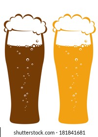 light and dark beer glasses on white background