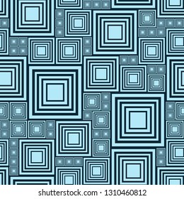 Light and dark blue abstract seamless pattern with lot squares. Vector illustration pcb, electrical circuit or city blocks. Template monochrome background. Geometric layout different sizes rectangles.