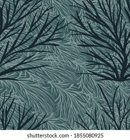 Ramas claras y oscuras sobre un fondo azul. Patrón veloz. Diseño para tela, impresión, envoltura.