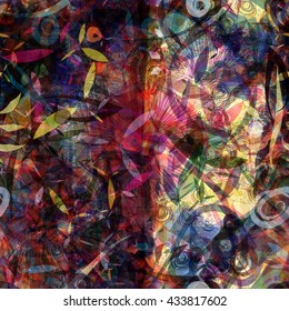 Light and dark. Colorful texture. Seamless vector floral background. Squares, stylized leaves & feathers, handmade patterns. Easy editing. For fabric, printing, wrapping paper. Watercolor effect