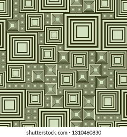 Light and dark green abstract seamless pattern with lot squares. Vector illustration pcb, electrical circuit or city block. Template monochrome background. Geometric layout different sizes rectangles.