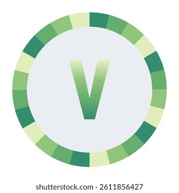 Light to Dark Green and Cream Circle Symbol with a Mid-Tone Green lowercase Letter “v” on a Black Backdrop.