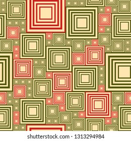 Light and dark green, red abstract seamless pattern with lot squares. Vector illustration pcb, electrical circuit or city blocks. Template background. Geometric layout different sizes rectangles.