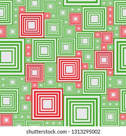 Light and dark green, red abstract seamless pattern with lot squares. Vector illustration pcb, electrical circuit or city blocks. Template background. Geometric layout different sizes rectangles.