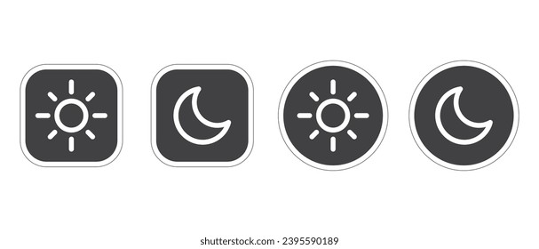 Light and Dark mode buttons vector icons set. Light and dark mode round, Dark mode icon set. Day and night, dark and light modes. Screen modes icons set. 