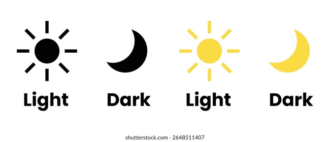 Ícones claros e escuros com sol e lua isolados no fundo branco