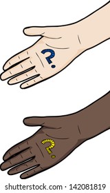 Light and dark skin hand with question mark