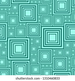 Light and dark turquoise abstract seamless pattern with lot squares. Vector illustration pcb, electrical circuit, city block. Template monochrome background. Geometric layout different size rectangle.