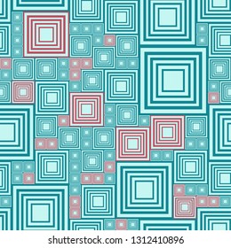 Light and dark turquoise, red abstract seamless pattern with lot squares. Vector illustration pcb, electrical circuit or city blocks. Template background. Geometric layout different sizes rectangles.