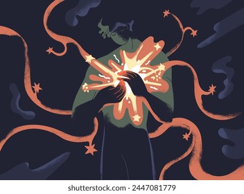 Light in darkness, psychology concept. Spiritual soul, hope, inspiration and subconscious. Creative mind, fantasy. Inner sense, secret idea, spirit in self. Psychological flat vector illustration