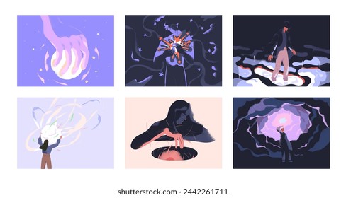 Light in darkness set. Characters in spiritual surreal space, dream, glowing effect, sparkles and mystery. Psychology, philosophy, mind, insight and subconscious concept. Flat vector illustrations.