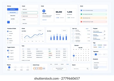 Light Dashboard UI Kit With Components and Charts. Clean web interface kit showing buttons, inputs, cards, alerts, charts, table, calendar, progress bars, user list, search, dropdown. UI, UX elements