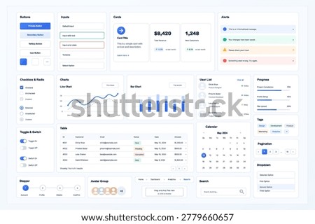 Light Dashboard UI Kit With Components and Charts. Clean web interface kit showing buttons, inputs, cards, alerts, charts, table, calendar, progress bars, user list, search, dropdown. UI, UX elements