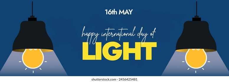 Light Day. International day of light 16th May social media cover. International day of light banner, poster with two hanging bulbs emitting light. Yellow bulb on blue background. Vector stock