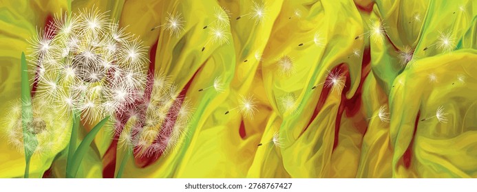 light delicate dandelion fluff flies on a bright green and yellow background.Close-up, long shot.The design element