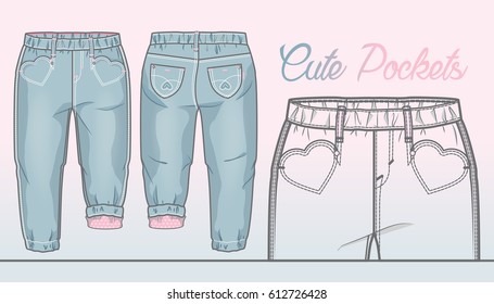Light denim pants with front pockets in a shape of heart. Pink lining inside