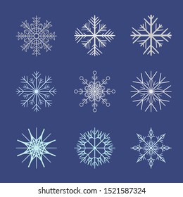 Light and different snowflakes on purple background.