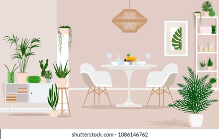 Light dining room in eco-style. Table, shelves, flowers, decor. Vector flat illustration.