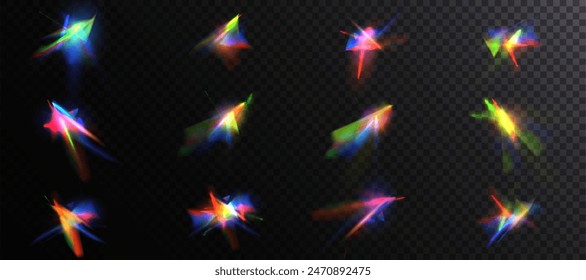 Efecto de distorsión de luz. Abstractas cáustica de diamante, efectos de luz de lente y un colorido conjunto de superposiciones de Vector de destellos de lente de cristal. Rayos brillantes brillantes y efectos de luz colorida. Vector 10 EPS