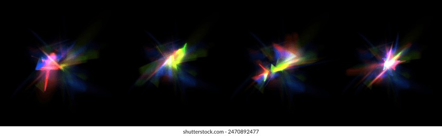 Light distortion effect. Abstract diamond caustics, lens light effects and a colorful set of crystal lens flare vector overlays. Glowing bright rays and colorful light effects. Vector 10 EPS
