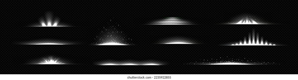 Light dividers, abstract flare lines with glow and shine effect. Shiny borders of flash, glare or light motion with beams and sparkles. Illuminated stripes, vector realistic set