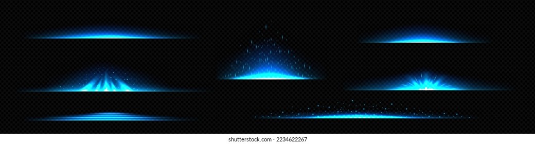 Light dividers, blue glow effect lines with mysterious sparks and star dust. Magic spell, neon illumination, glowing shine stripes. Navy flash graphic design elements, Realistic 3d vector illustration