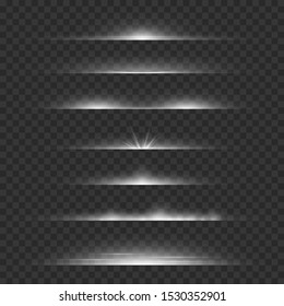 Light dividers. Line flare glowing borders, white horizontal beams. Futuristic transparent rays vector flash lightings dividing set