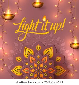 Light it up Diwali festival flyer or poster with paper cut style of Indian Rangoli and glowing lights. Pastel violet and purple colors. Vector illustration.
