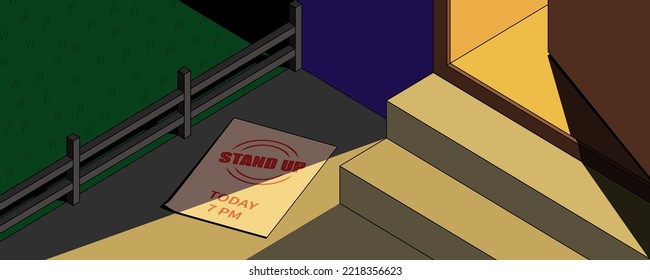 Light from door. Half open door into bar with stand up show. Announcement about event on the ground. Leaflet with time beginning and text Stand up.