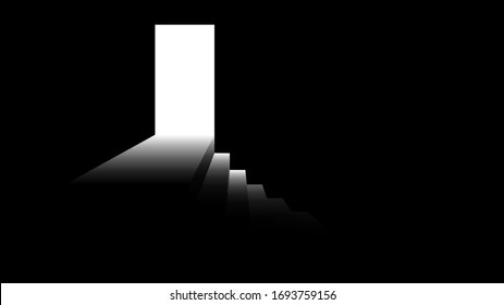 Light from the doorway. Step down from the door. Black and white illustration on the theme of fear or success. Vector