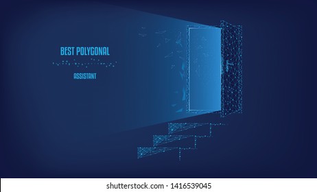 Light from the doorway. Steps to the door. Polygonal illustration of triangles and points. Background of beautiful dark blue night sky. Design for various successful conceptual projects. Low poly.