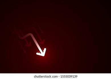 Light down arrow on dark red background, economic crisis chart concept, copy space composition.