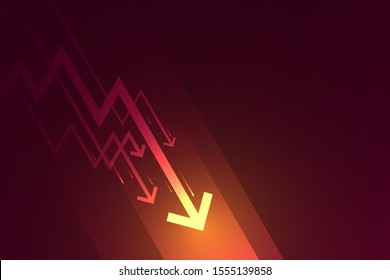 Flecha abajo sobre fondo rojo oscuro, concepto de gráfico de crisis económica, composición del espacio de copia.