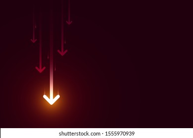 Light down arrow on dark red background, economic crisis chart concept, copy space composition.