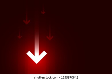 Light down arrow on dark red background, economic crisis chart concept, copy space composition.