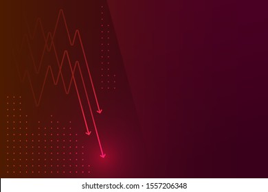 Light down arrow on dark red background, economic crisis chart concept, copy space composition.