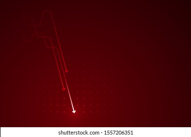 Light down arrow on dark red background, economic crisis chart concept, copy space composition.