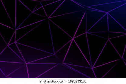 Light dynamic triangulation shape on dark background. Minimalist abstract background with neon glow. Modern technological plexus explosion neon light.