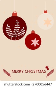 A light, earthy-toned greeting card with two hanging, minimalist Christmas ornaments and a small "MERRY CHRISTMAS" text.