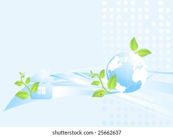 Light ecological background with globe, house and plants