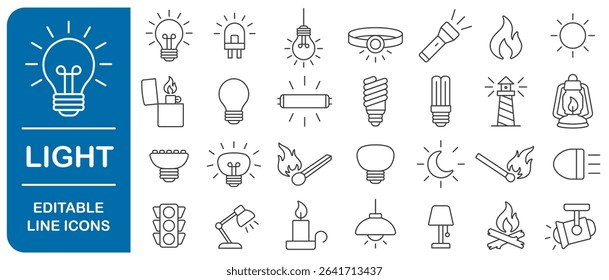 Light editable stroke line icon symbol set. Light bulb, lamp, flashlight, LED, lantern, spotlight, campfire and lighter icons sign. Vector illustration image. Isolated on white background.
