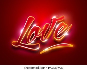 Light Effect 3D Love Font On Red Background.