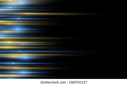 Light effect. Abstract background of yellow blue laser beams of light on black background. Chaotic glowing neon lines. Side view. Vector illustration. EPS 10