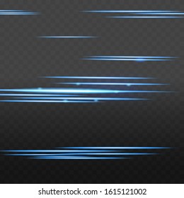 light effect. Abstract laser beams of light. Chaotic neon rays of light .Blue horizontal lens flares pack.