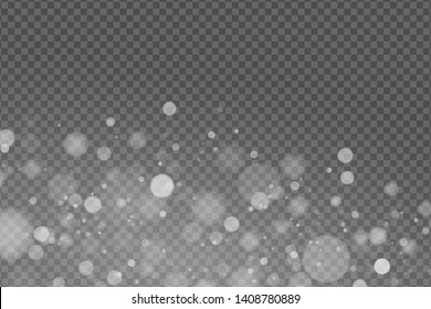 Light effect. Abstract lights bokeh isolated on transparent background. White glowing. Snowfall effect. Random blurry spots. Vector illustration EPS 10