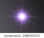 Light effect. Abstract purple star flash of light and laser beams with glitter. Isolated on transparent background. Art and web design vector.	