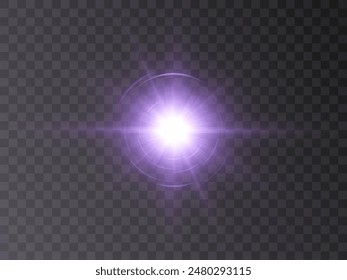 Light effect. Abstract purple star flash of light and laser beams with glitter. Isolated on transparent background. Art and web design vector.	