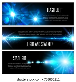 Light effect banner set with blue shine of light flash, glare of sun and star, glow of bright ray with glitter, sparkles, lens flare and bokeh. Christmas holiday invitation or space themes design