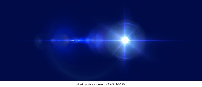 Light effect of blue glowing light. Solar flare. Glow effect. Starbursts with twinkling highlights. Beautiful light effect of flickering highlights. Vector 10 EPS