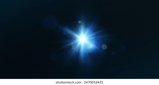 Light effect of blue glowing light. Solar flare. Glow effect. Starbursts with twinkling highlights. Beautiful light effect of flickering highlights. Vector 10 EPS